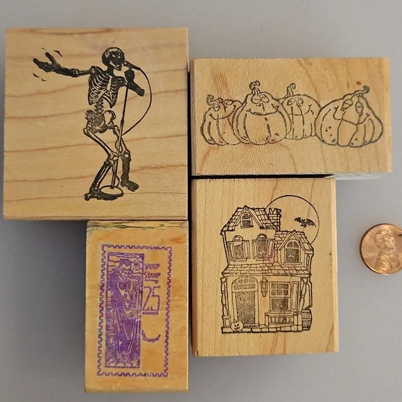 Lot of 14 Halloween themed rubber stamps Pumpkins skulls a graveyard border cats - Picture 10 of 14